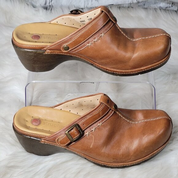 CLARKS Unstructured Womens 10 Tan Leather Slip On Comfort Clogs Mules Boho Comfy - Picture 13 of 13
